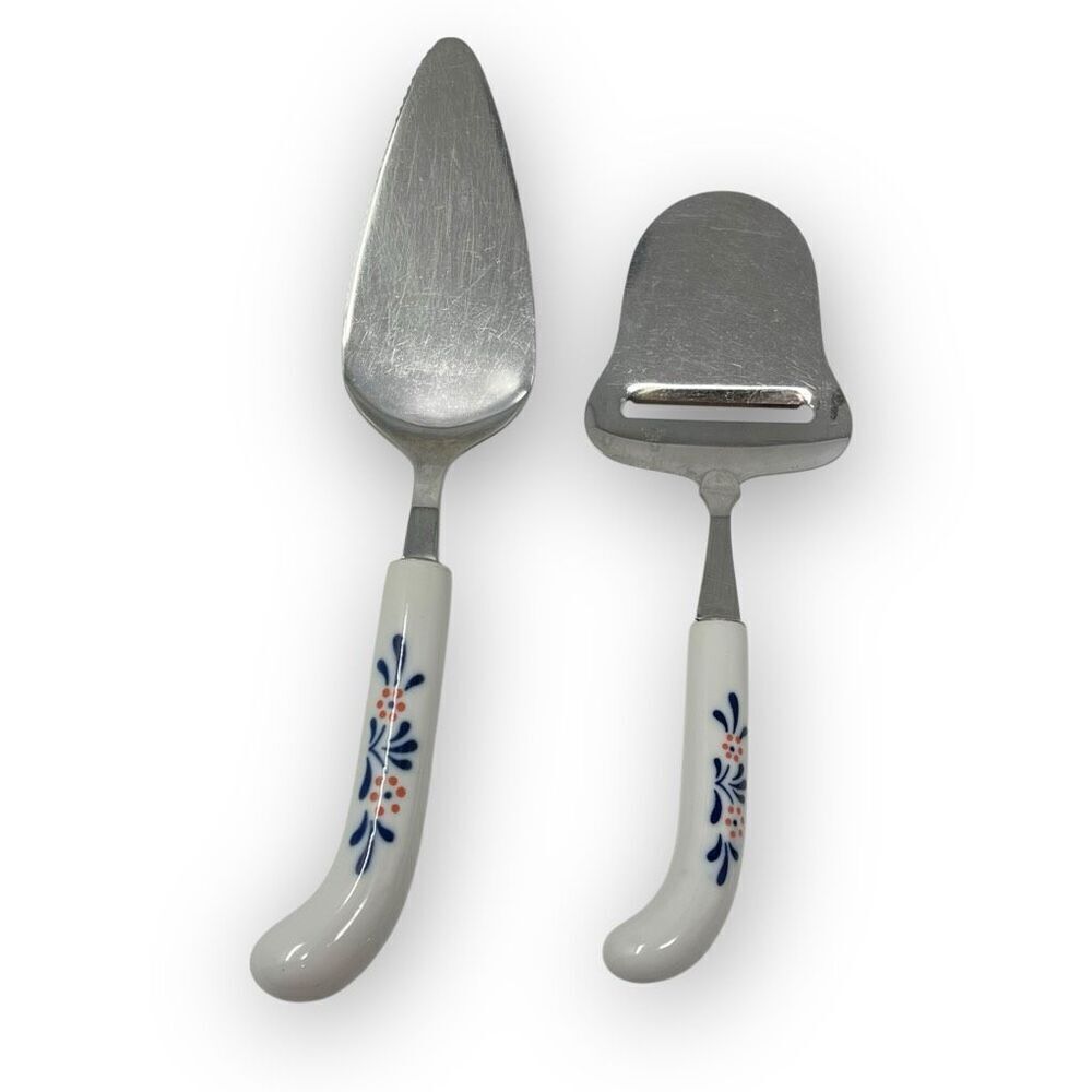 Lord & Taylor Blue White Stainless Steel Ceramic Cheese Slicer & Cake Server